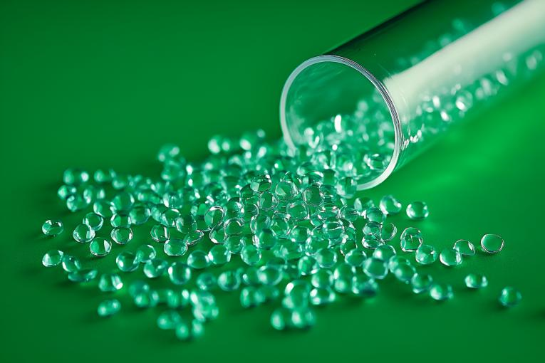 简约风格透明玻璃管装满珠子绿色背景商业照片（商业使用）
